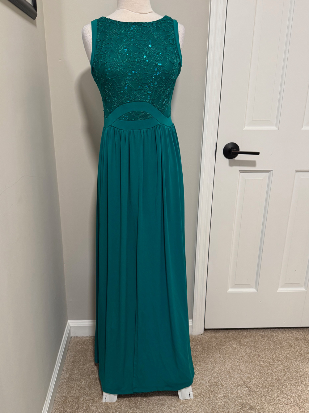 Candalite Small Emerald Green Sequin Lace Cutout Open Back Maxi Gown Wedding